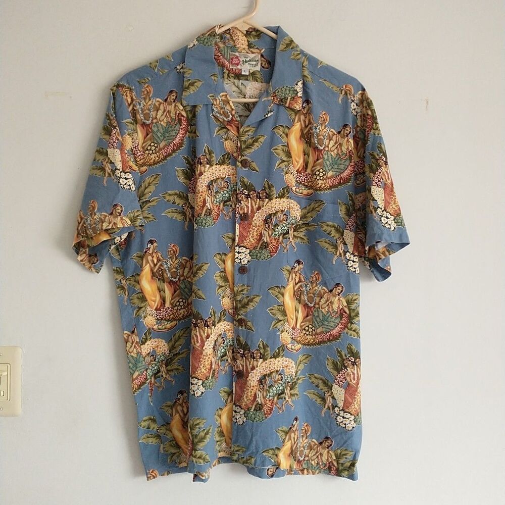 Vtg Hilo Hattie The Hawaiian Original Butto Up Shirt Mens L Blue Floral Ladies